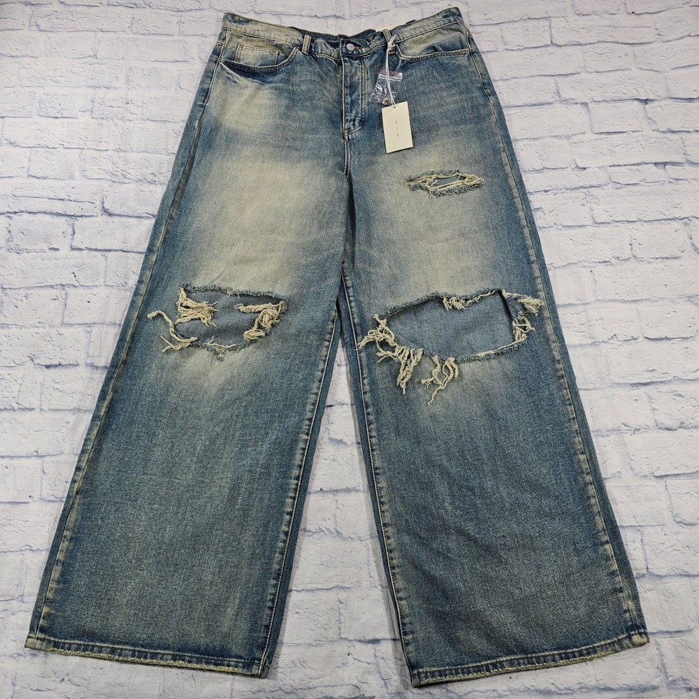 mnml Blowout Rave Denim Mens 38X32 Vintage Blue Distressed Wide Leg Jeans